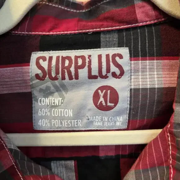 Surplus Men's Red and Black Plaid Button-Up Shirt-XL - Picture 2 of 8